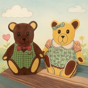 🧸 Vintage “Bears by Nina” Ceramic Planter Pair – Rare Large Size – Matching Set